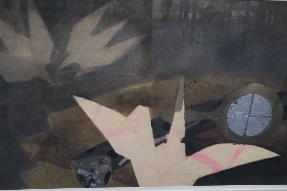 William Littlejohn, watercolour and collage, Origami Bird and Mirror, signed and dated 84, 50 x 89cm, Artist label verso